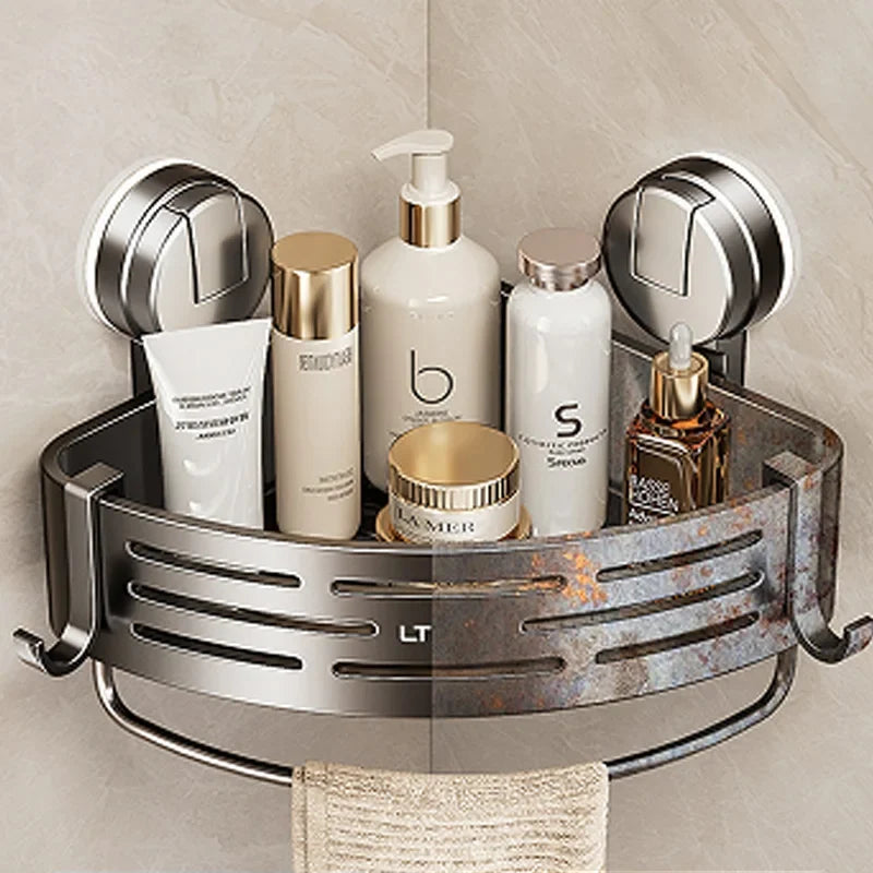 1-Pack Suction Cup Corner Shower Shelf - Stainless Steel, No-Drill, Anti-Rust, with Hooks for Bathroom Toiletries &amp; Shower Gel