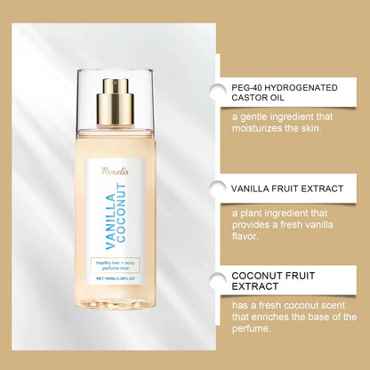 Vanilla Coconut Body Hair Mist - Long Lasting Fresh Romantic Fragrance, Travel Size Portable Spray Women Men Daily &amp; Dating Use