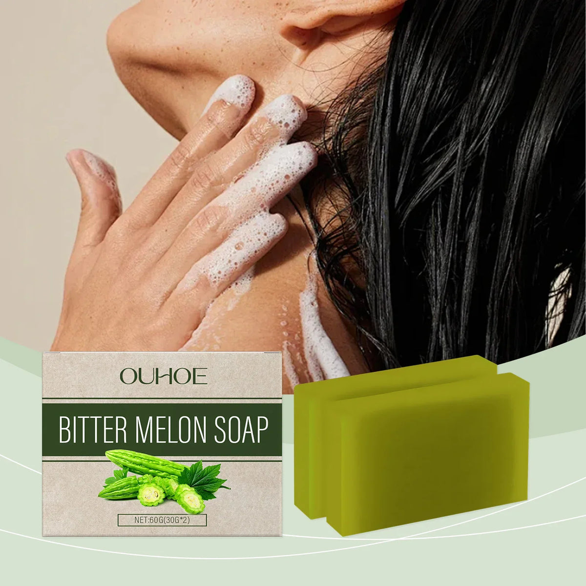 OUHOE Herbal Bath Soap with Bitter Melon: Deeply Clean Pores, Balance Water &amp; Oil, Soothe Skin, Fresh Aroma