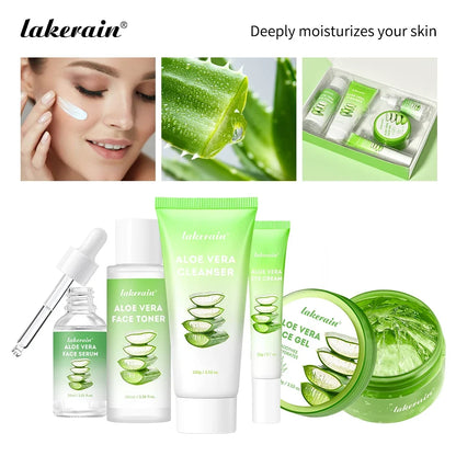 Lakerain Aloe Vera Skin Care Set Deep Hydration Smooth Delicate Skin Fast-absorbing Formula Cleanser Toner Serum Lip Blam Kit