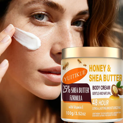 YUITIKUE 25% Shea Butter Body Cream 100g - 48H Moisturizer for Face, Body, Hands &amp; Feet, Honey &amp; Vitamin E, All-in-One Care