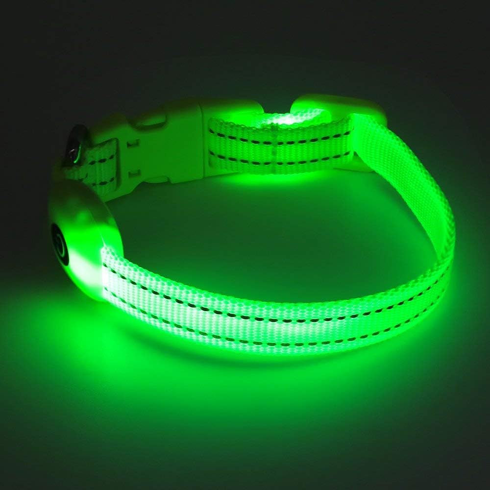 Adjustable LED Dog &amp; Cat Collar - Rechargeable, Small Breeds, Green, 8.5-11.8 Inches, Nylon, Lightweight, Reflective, 2 Flash Modes | Glow in the Dark Rechargeable Reflective Adjustable Flashing Illuminous Safety Dog Lights for Night Walking