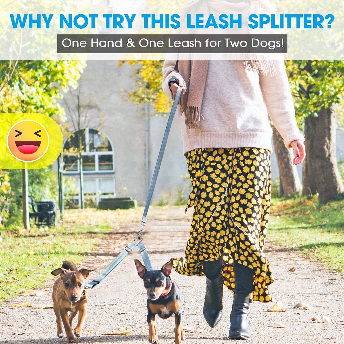 Double Dog Leash Splitter, Tangle Free Dual Dog Leash Coupler, Two Dog Walking and Training Extension for Small Medium or Large Dogs (1.0&