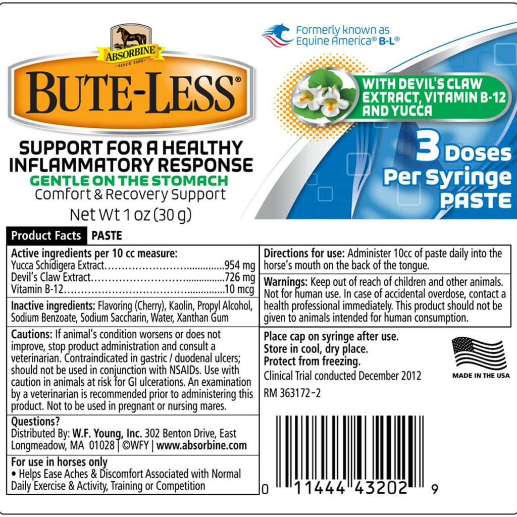 Absorbine Bute-Less Comfort &amp; Recovery Supplement Paste for Horses (3 doses)