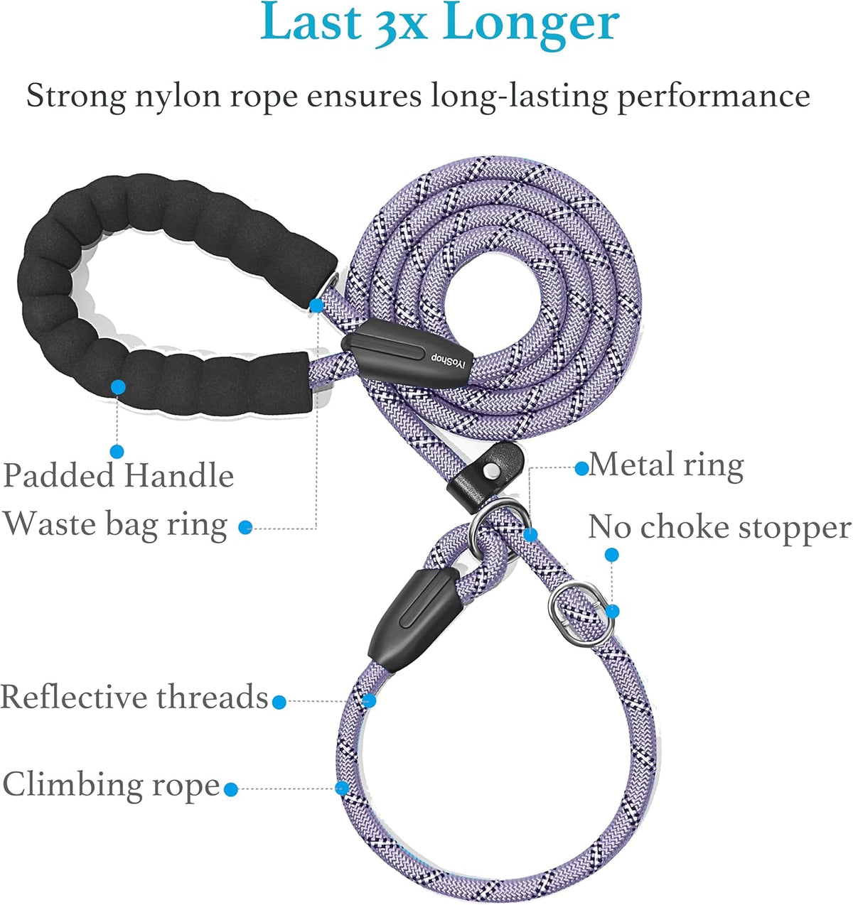 Durable Slip Lead Dog Leash with Padded Handle and Highly Reflective Threads, No Pull Dog Training Leash, (3/8" X 6 FT, Lavender)