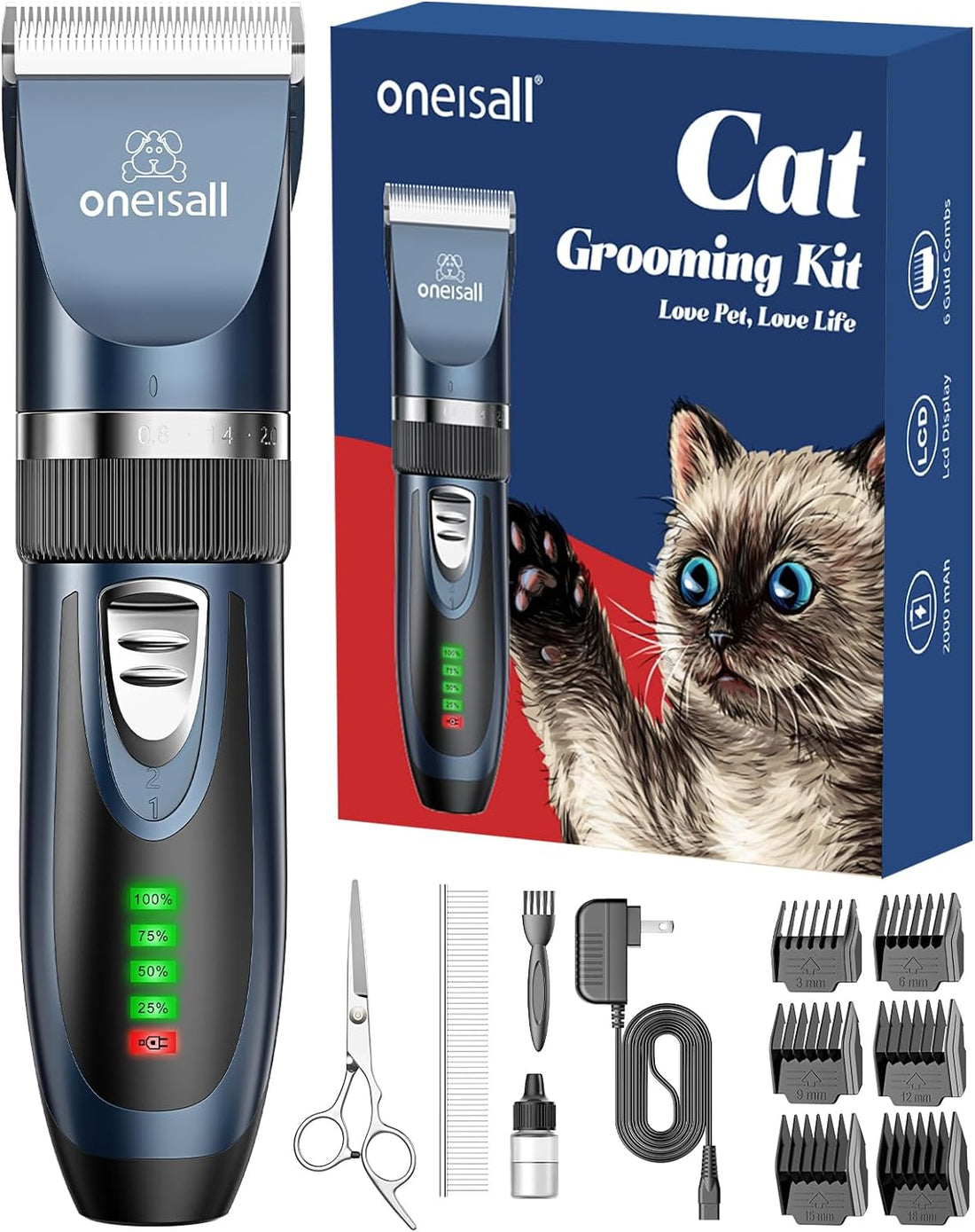 Quiet Cat Clippers for Matted Hair &amp; Long Hair, Cat Shaver | Cordless Cat Grooming Kit, LCD Display, 6 Guard Combs, 240-Min Runtime, 2-Speed Low Noise Trimmer for Cats &amp; Small Dogs