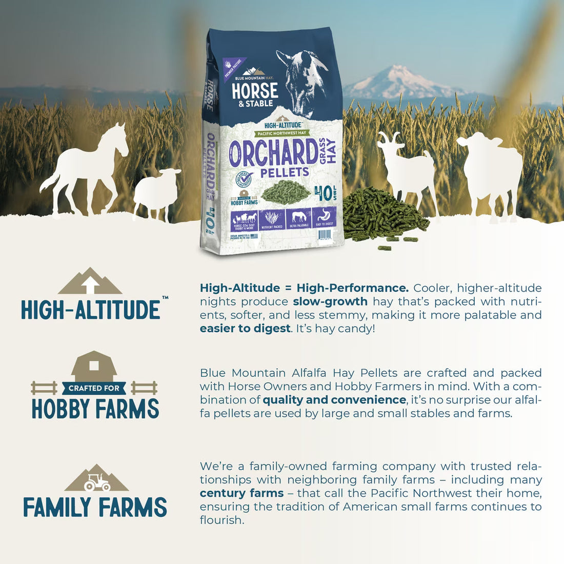 Blue Mountain Hay High-Altitude Orchard Grass Hay Pellets Horse Feed, 40 lbs
