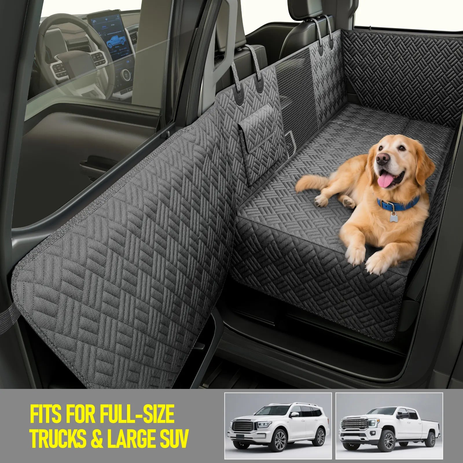 Dog Car Seat Cover with Hard Bottom, Holds up to 400Lbs | Patented Waterproof Dog Hammock Back Seat Extender for Cars, Suvs &amp; Full-Size Trucks (Small &amp; Large Sizes)