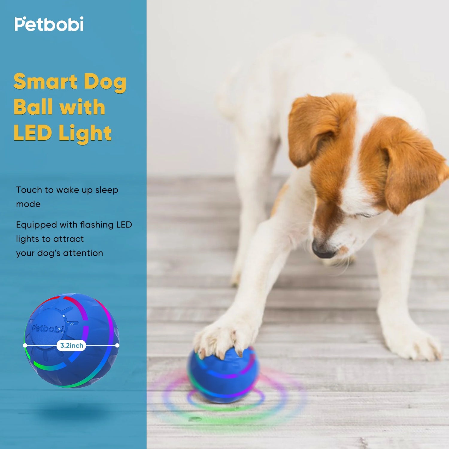 Interactive Toy Dog Ball, Active Rolling Ball for Dogs with Flashing LED Light, Moving Bouncing Toys Ball for Medium Large Dogs, USB Rechargeable, Blue