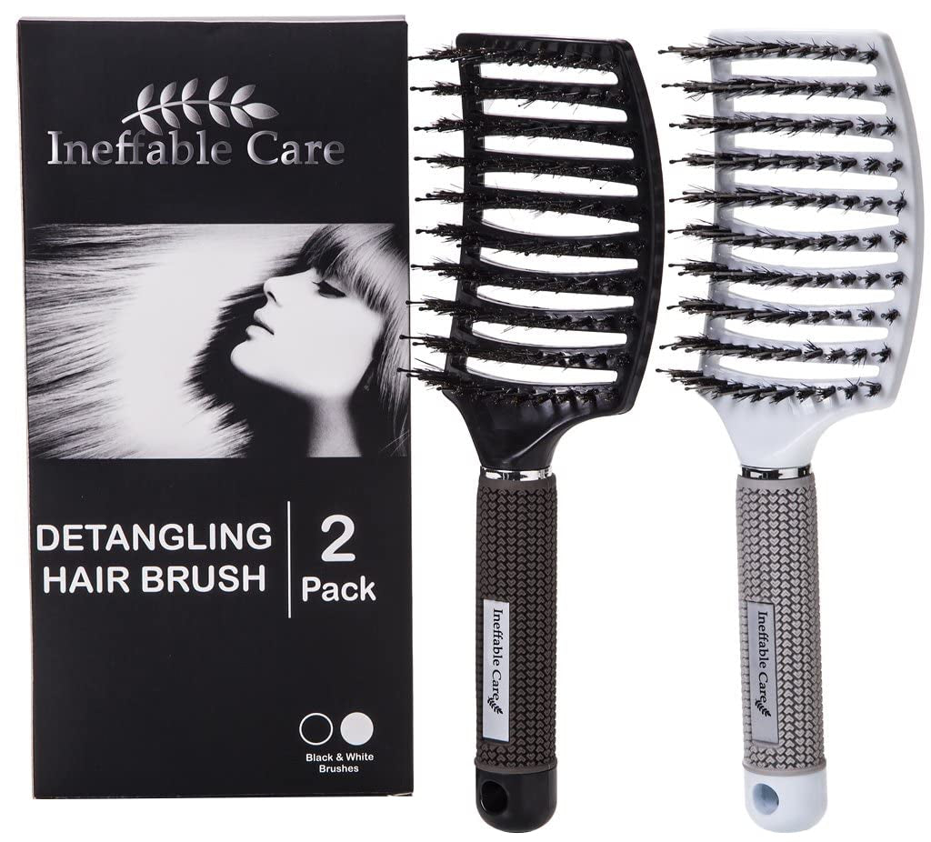 Boar Bristle Hair Brush Set – Curved and Vented for Wet and Dry Detangling Hair Brush for Women Long, Thick, Thin, Curly &amp; Tangled Hair Vent Brush - Stocking Stuffers Gift Kit