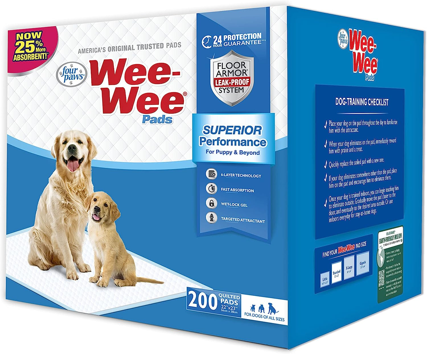 Wee-Wee Superior Performance Dog Pee Pads, 200 Count | Quilted Leak-Proof Puppy Pads, Dog Housebreaking &amp; Potty Training, 24-Hour Floor Protection, Pet Supplies, 22" X 23"