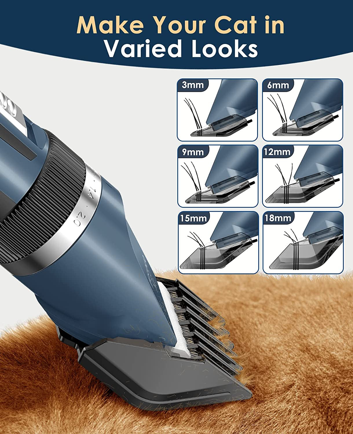 Quiet Cat Clippers for Matted Hair &amp; Long Hair, Cat Shaver | Cordless Cat Grooming Kit, LCD Display, 6 Guard Combs, 240-Min Runtime, 2-Speed Low Noise Trimmer for Cats &amp; Small Dogs