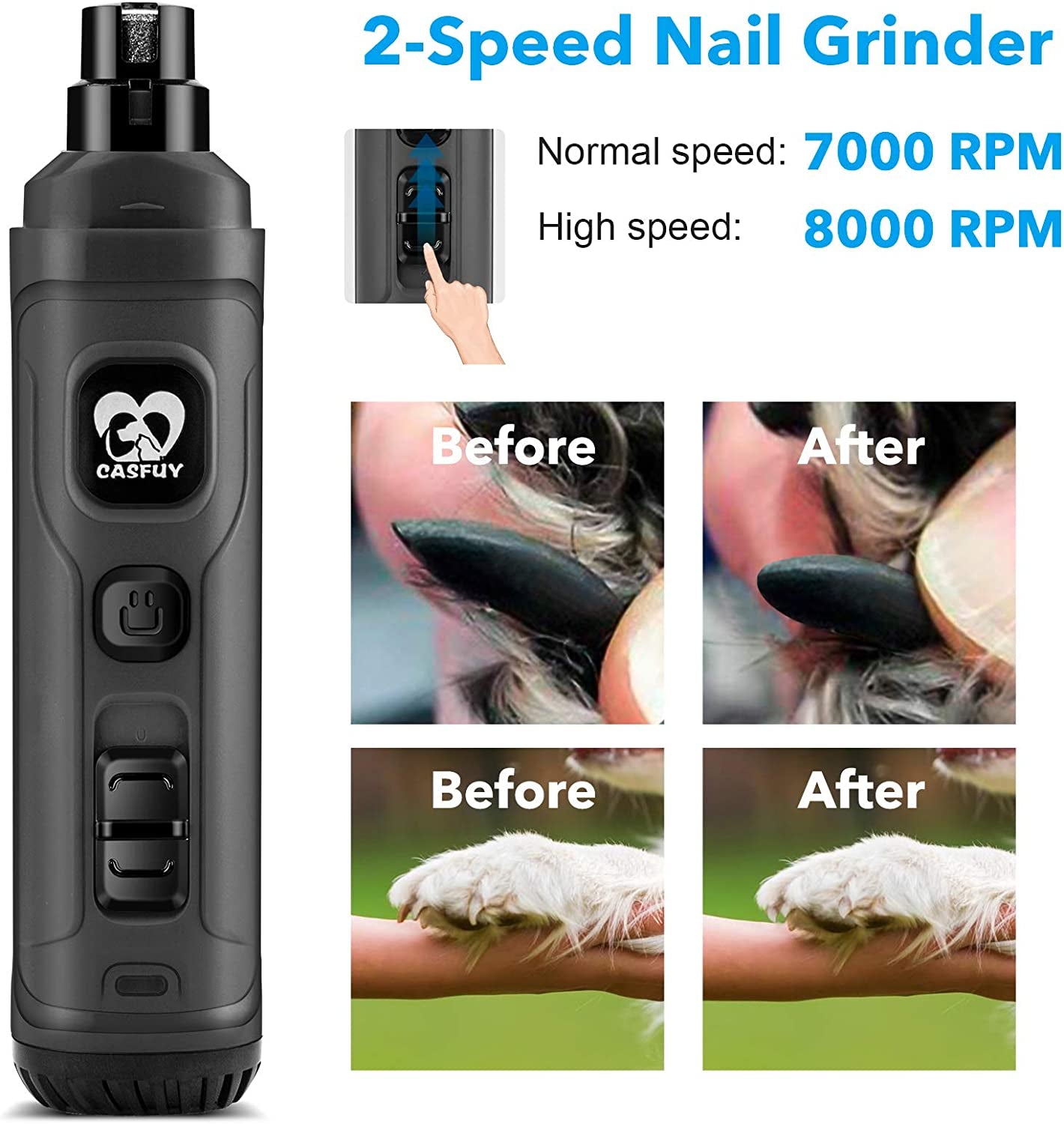 Dog Nail Grinder with 2 LED Light - New Version 2-Speed Powerful Electric Pet Nail Trimmer Professional Quiet Painless Paws Grooming &amp; Smoothing for Small Medium Large Dogs and Cats (Grey)