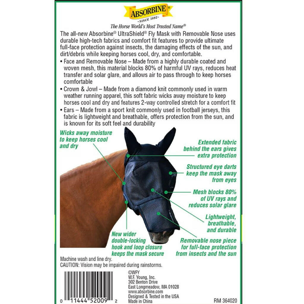 UltraShield Fly Mask Removable Nose with Ears for Horses